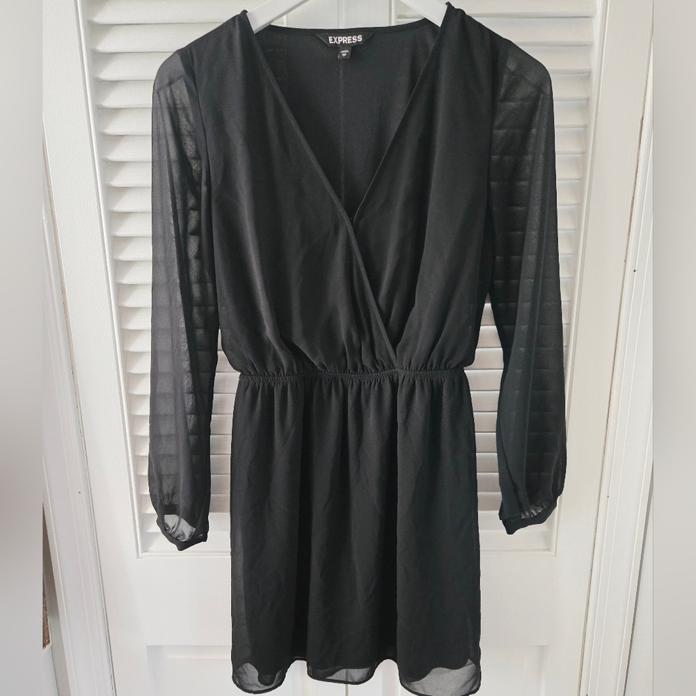 Express Black Chiffon Sleeve Surplice Party Mini Dress XS - Picture 2 of 6